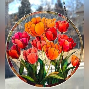 6" Pink Orange Red Spring Blooming Tulips Acrylic Sun Catcher Window Hanging New
